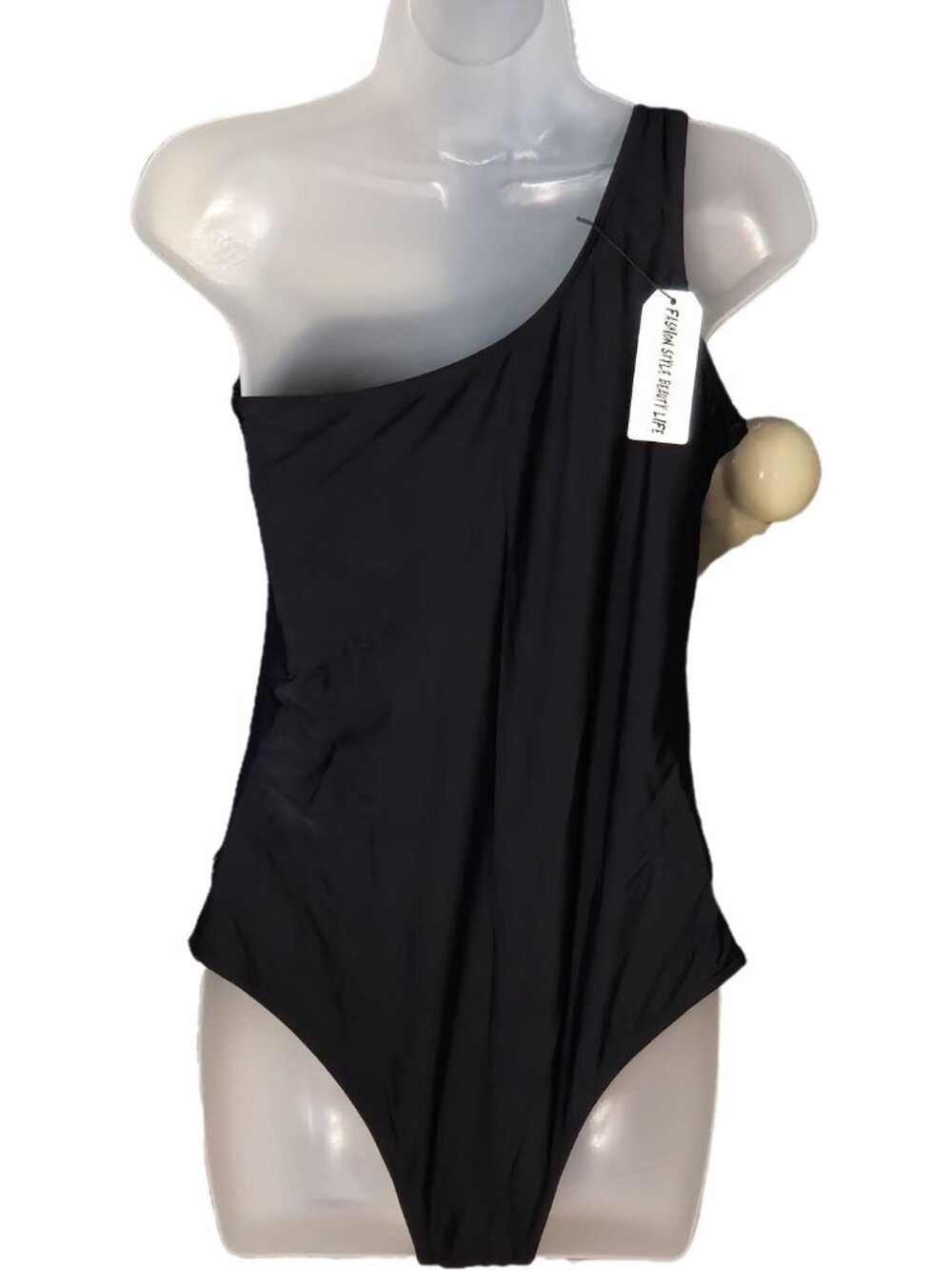 Black One Shoulder Swimsuit XL Asymmetrical One Piece Lined Removable Padding - Picture 6 of 7